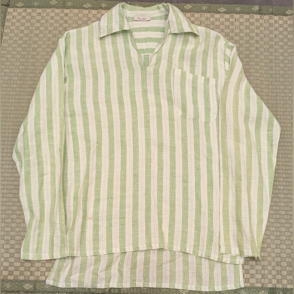 Puro Lino 100% Linen V-neck Popover Shirt Green Stripe Mesh Size M Made in Italy